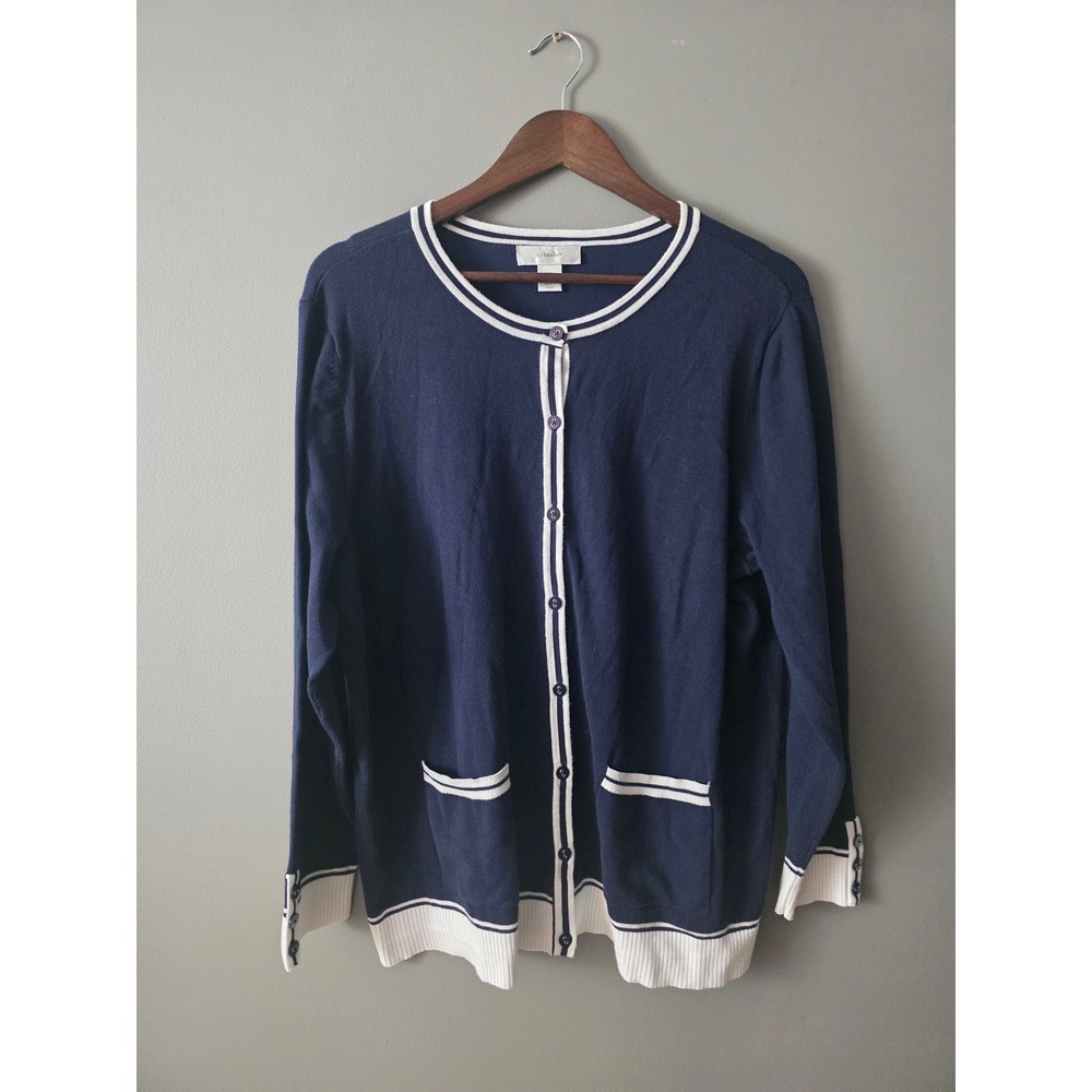 CJ Banks Navy Blue White Contrast Trim Button Front Cardigan Sweater 1X